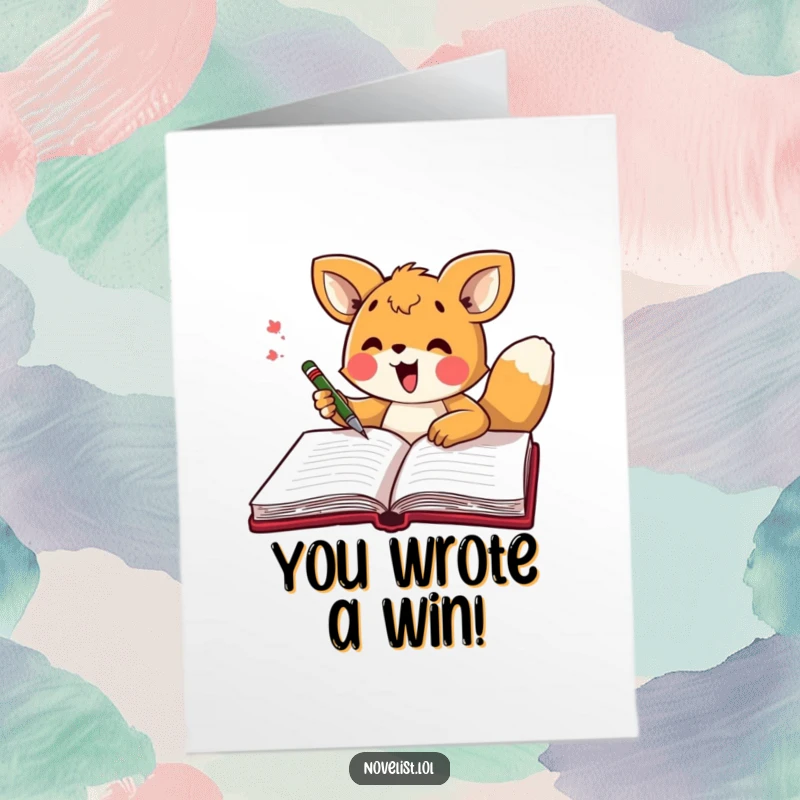 Funny Free Printable Congratulatory Card: An excited animal rapidly scribbles in a notebook, symbolizing a great new idea.
