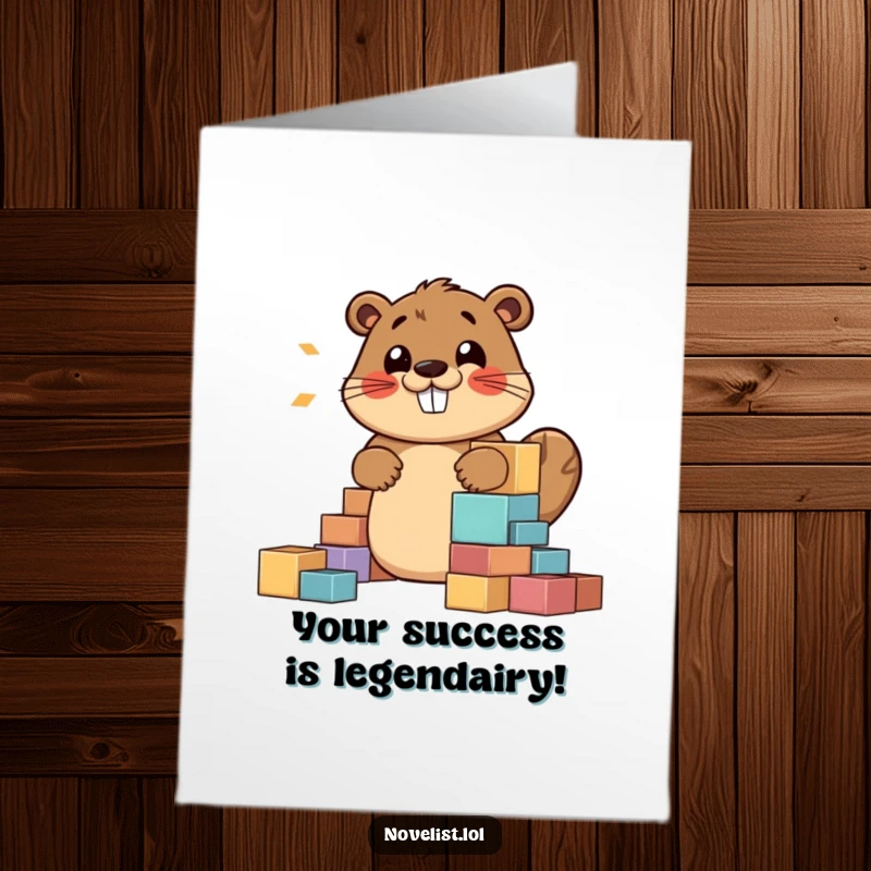 Free Printable Congratulations Card featuring a jovial beaver building a story structure with blocks, embodying success and happiness.