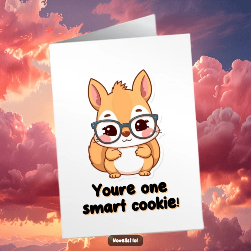 Funny Free Printable Congratulations Card: Kawaii squirrel in reading glasses, inspired look, great idea, downloadable art.