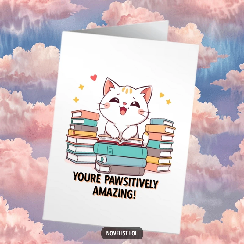 Funny free printable congrats card showing an ecstatic cat surrounded by books, celebrating a great achievement.