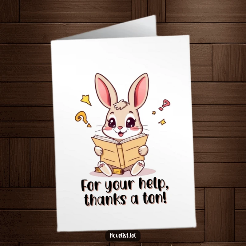 Funny Free Printable Thank You Card: Curious rabbit reading a manuscript, eyes sparkling with ideas, showing thanks.