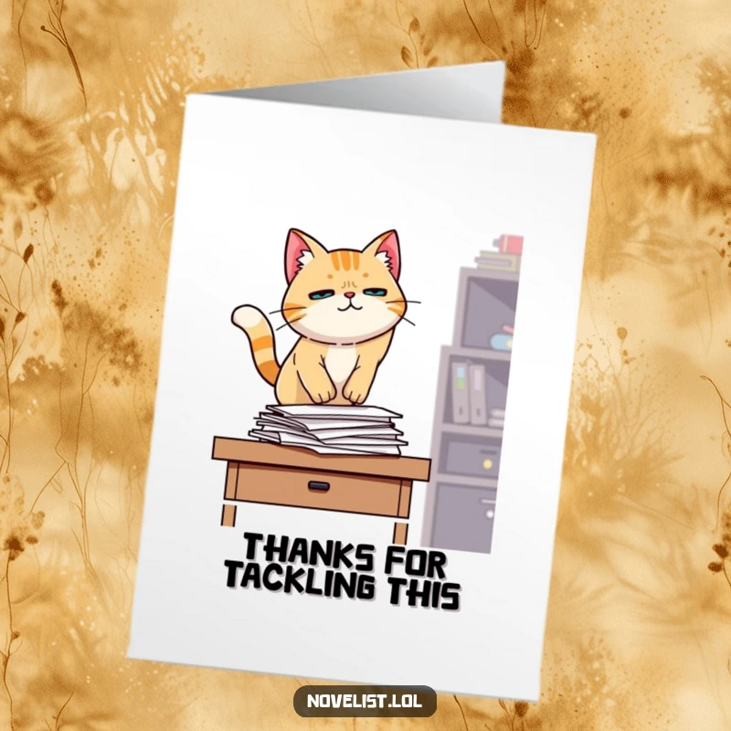 Funny free printable thank you card of a determined cat jumping onto a desk, showing gratitude for hard work.
