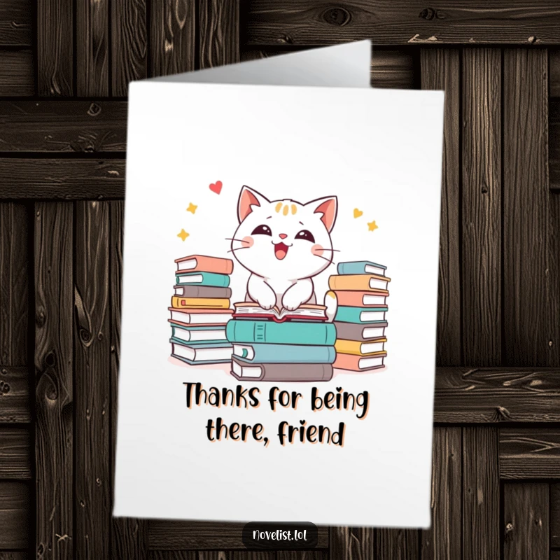 Funny free printable thank you card featuring a happy cat amidst books, expressing heartfelt gratitude.