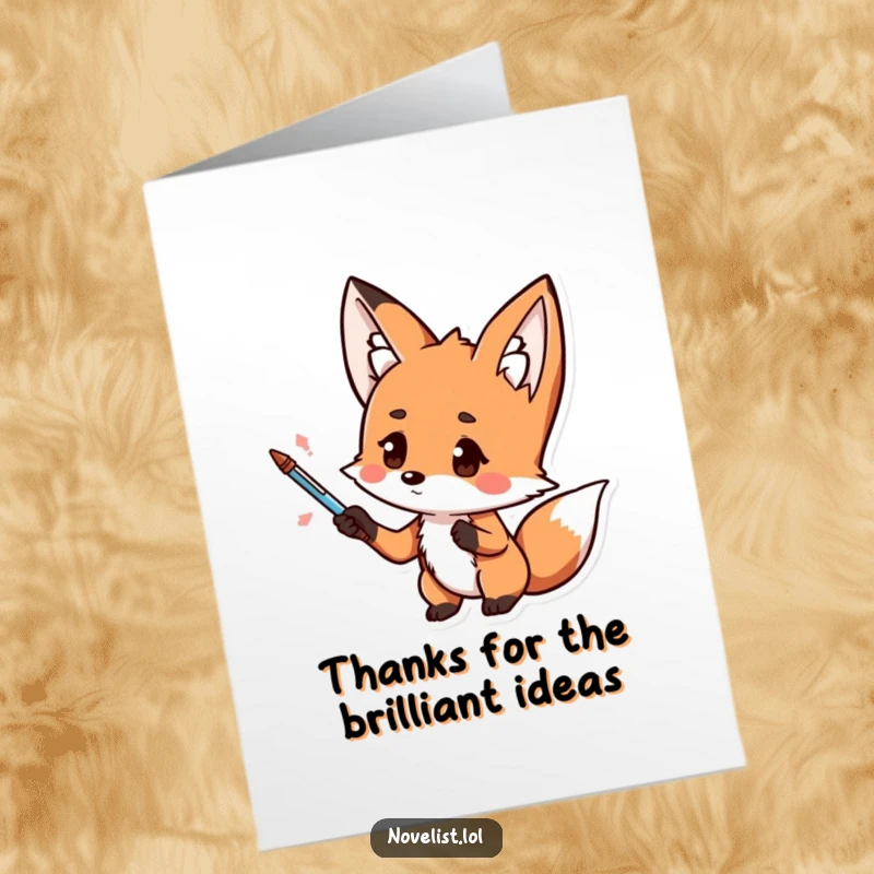 Funny free printable thank you card showing a thoughtful kawaii fox gesturing with a pen, expressing sincere gratitude.