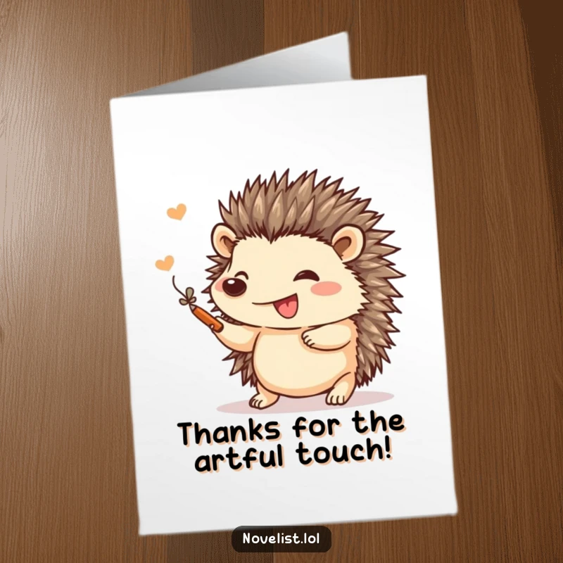 Funny Free Printable Thank You Card: Happy hedgehog meticulously adding a flourish to a piece of art.