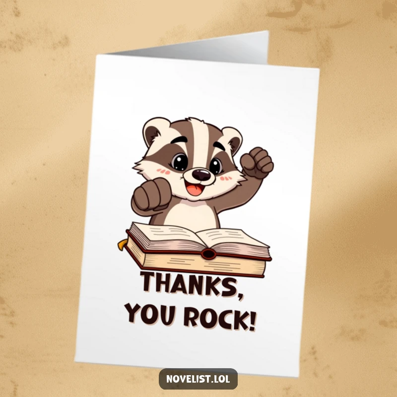 Funny Free Printable Thank You Card: Cheerful badger firmly pressing fist onto a page, humorously expressing sincere thanks.