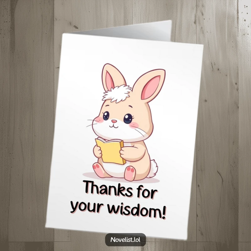 Funny Free Printable Thank You Card: A fluffy bunny with a thoughtful expression, holding a tiny manuscript.