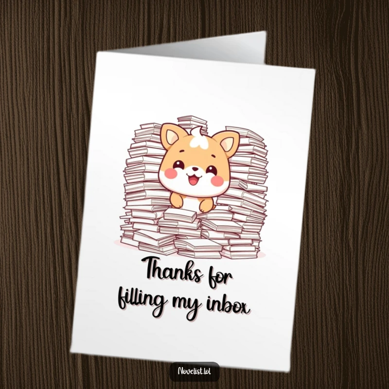 Funny Free Printable Thank You Card of a happy animal character looking very pleased, contentedly sitting amidst overwhelming stacks of paper.