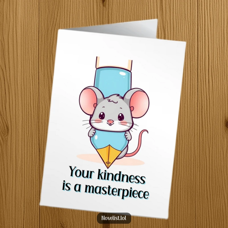 Funny free printable thank you card: a cute mouse peeks out from behind a giant fountain pen, ready to scribe a note of thanks.
