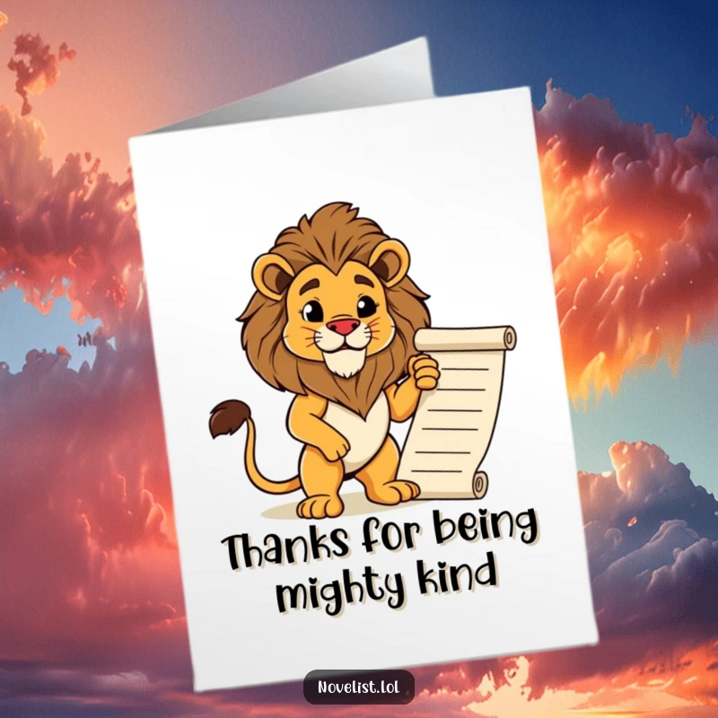 Funny Free Printable Thank You Card: Majestic lion character standing proudly beside a flowing manuscript, conveying thanks with noble grace.