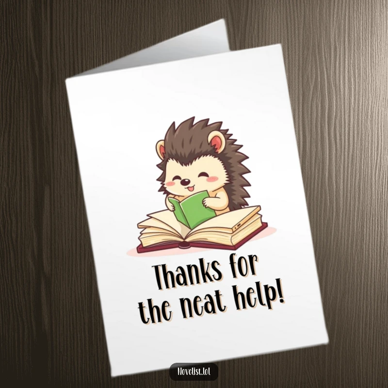 Funny Free Printable Thank You Card: Hedgehog organizing book pages, excited, precise, neatness, downloadable art gift.