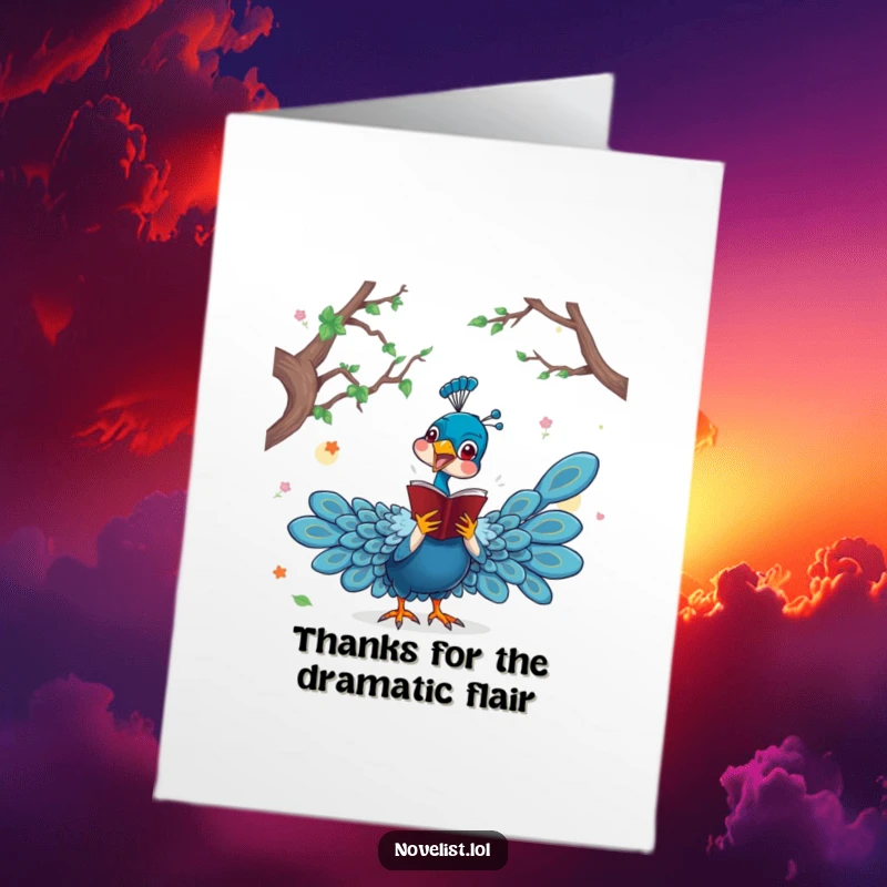 Funny Free Printable Thank You Card of a dramatic peacock character acting out a scene from a novel to express thanks.