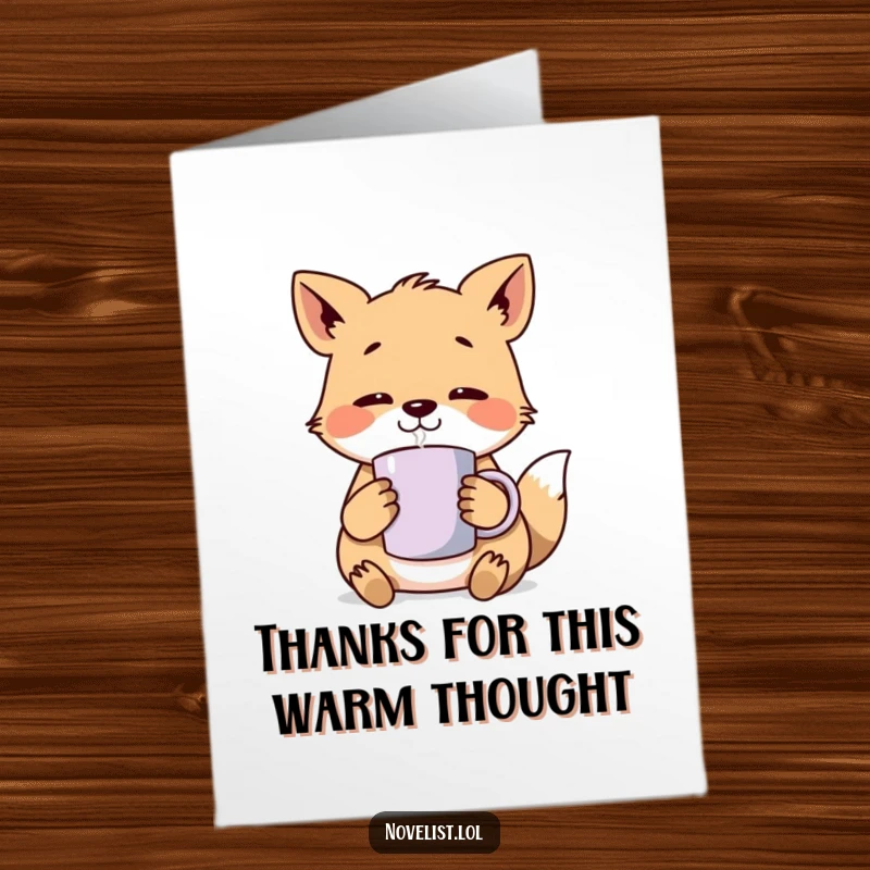 Funny Free Printable Thank You Card: An animal character gazes into the distance, holding a steaming mug, lost in thought.