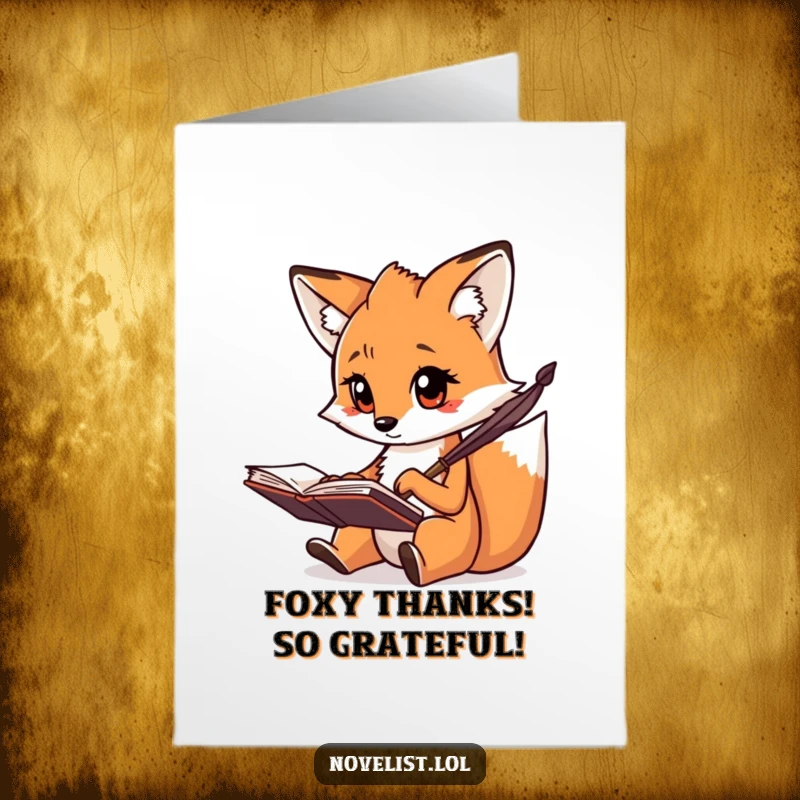 Funny Free Printable Thank You Card: Creative fox scribbling notes with a quill, expressing thanks with focused intellect.