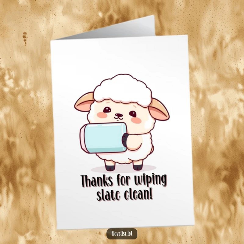 Funny Free Printable Thank You Card: Sheep erasing a sentence with a comically large eraser, symbolizing a fresh start.
