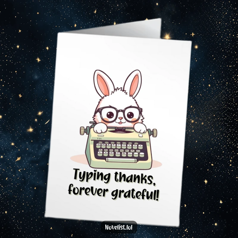 Funny Free Printable Thank You Card: Fluffy rabbit character happily types on a vintage typewriter, spectacles askew, sending thanks.