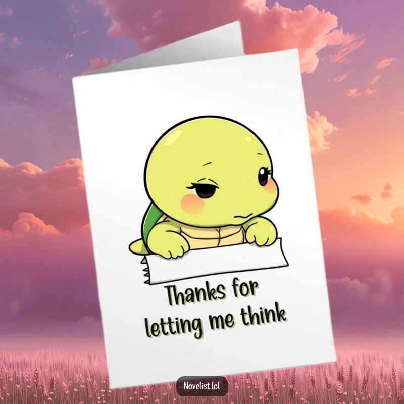 Funny Free Printable Thank You Card: Thoughtful turtle contemplates a blank page, sending thanks with sincerity.