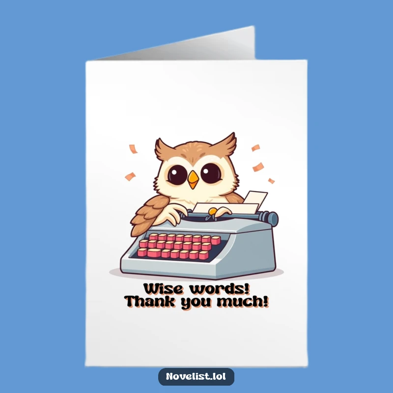 Free Printable Thank You Card: Typing Owl Funny Downloadable Gift for Grateful Words