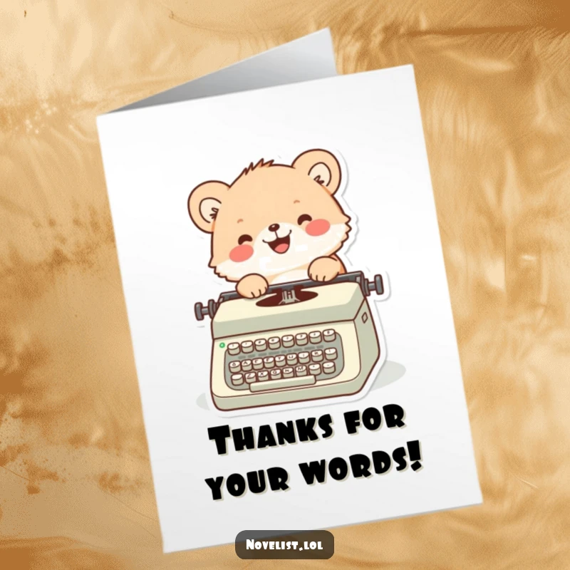 Funny Free Printable Thank You Card: A happy animal is depicted typing a heartfelt message of thanks on a classic typewriter.