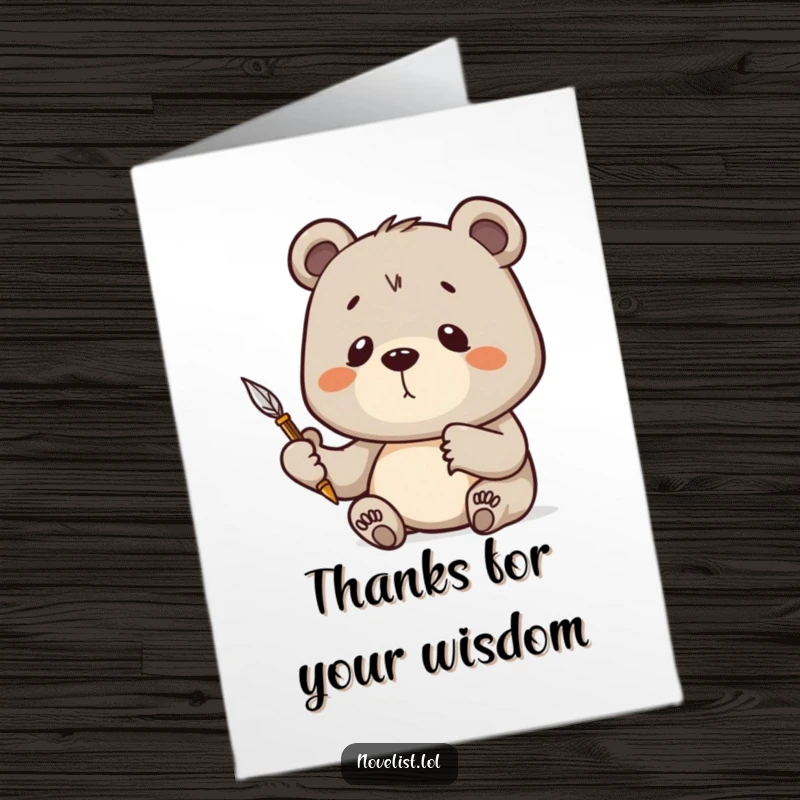 Funny free printable thank you card of a focused bear holding a quill pen high, contemplating the perfect words of gratitude.