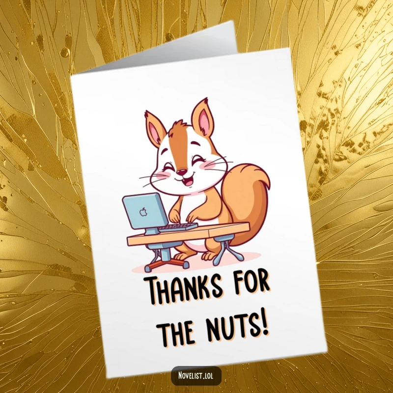 Funny free printable thank you card of a cheerful squirrel rapidly typing at a tiny desk, conveying thanks with speed and joy.