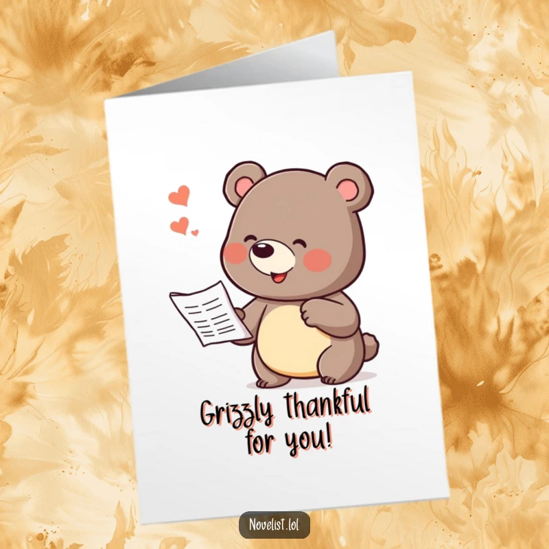 Funny Free Printable Thank You Card: Playful bear eloquently dictating a story to express gratitude.
