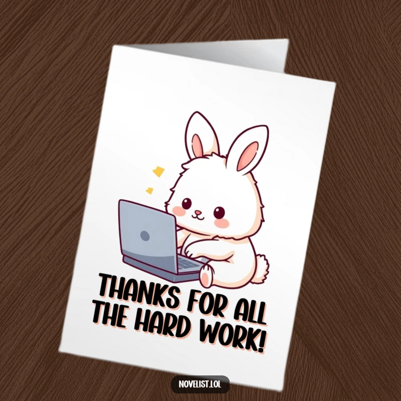 Funny Free Printable Thank You Card: Cute fluffy rabbit character typing diligently on a laptop, expressing thanks.