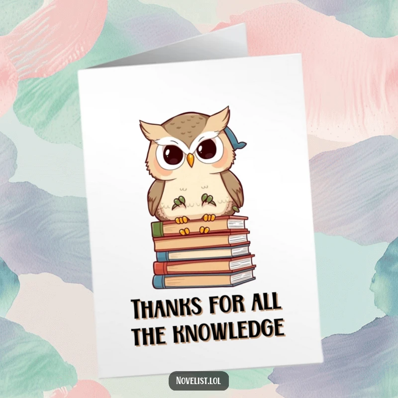 Funny Free Printable Thank You Card: Wise owl peering over books, expressing thanks humorously.