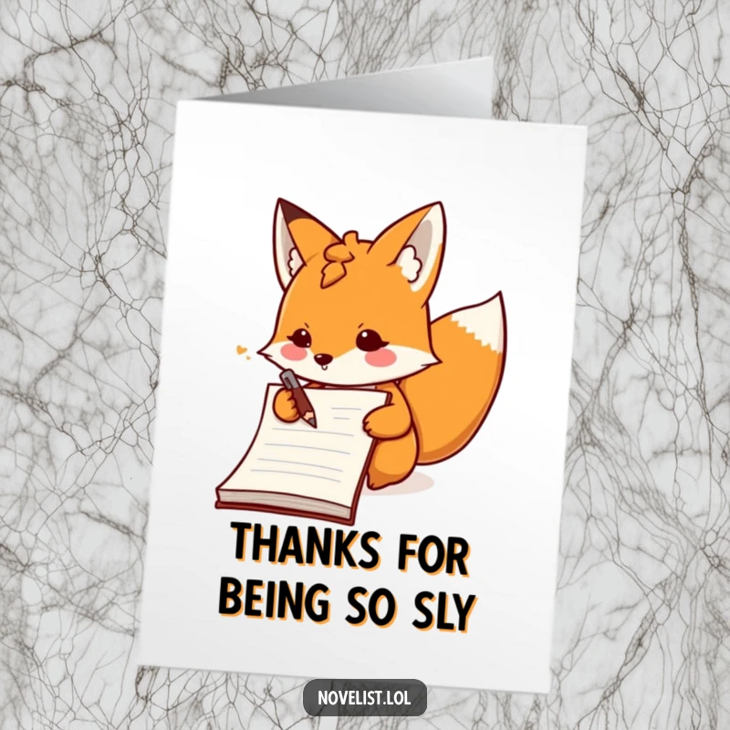 Funny Free Printable Thank You Card: Enthusiastic fox with a giant notebook, humorously conveying thanks for your kindness.
