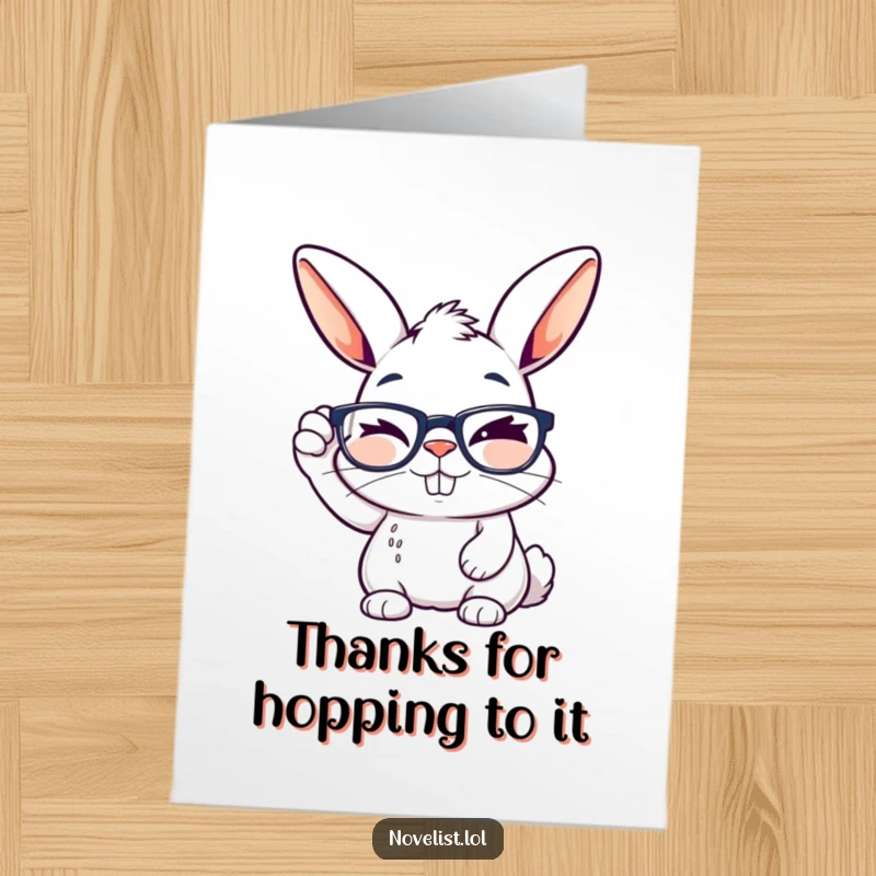Funny Free Printable Thank You Card featuring a rabbit adjusting its reading glasses, giving a winking glance and a creative smile.