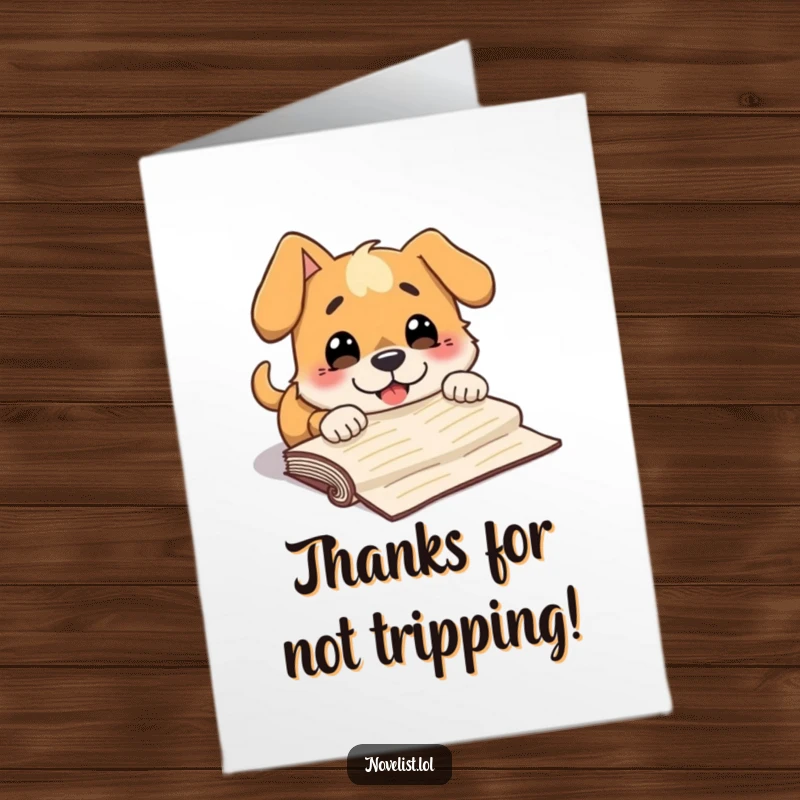 Funny Free Printable Thank You Card: Dog tripping over manuscript, surprised grin, humorous thanks, downloadable art gift.