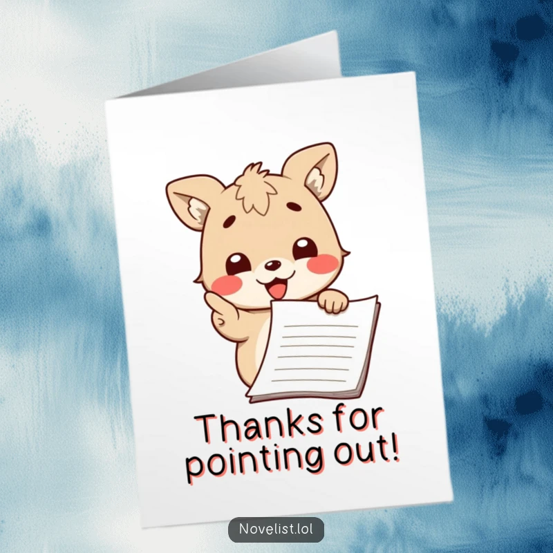 Funny Free Printable Thank You Card: A smiling animal passionately points to a manuscript, offering thanks for their writing.