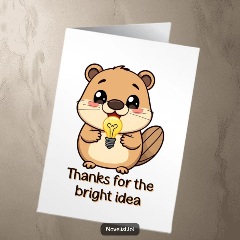 Funny Free Printable Thank You Card: Beaver with wide eyes offers a lightbulb idea as a token of thanks.