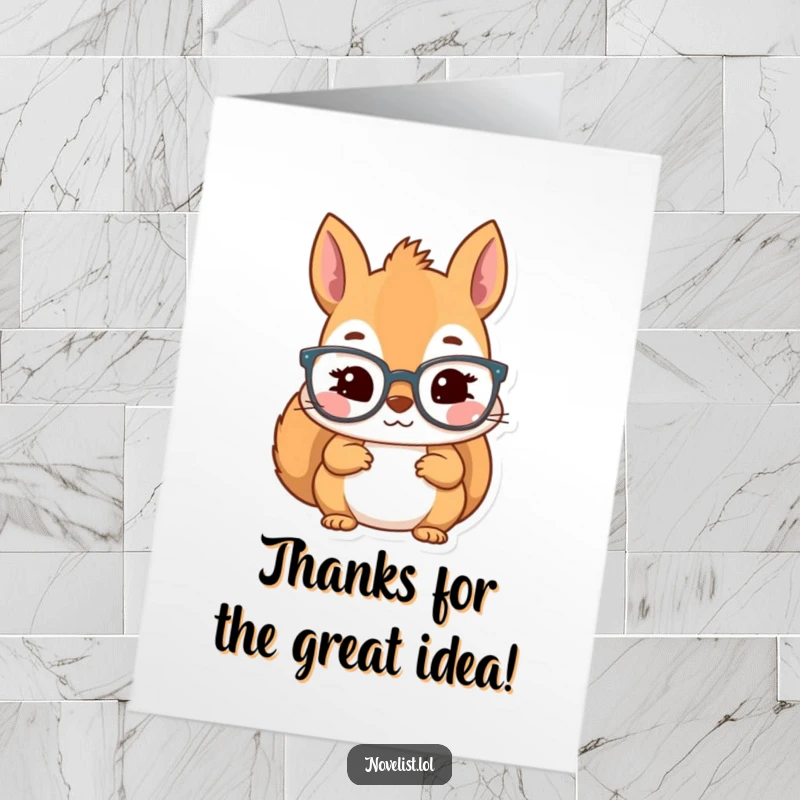 Funny Free Printable Thank You Card: Kawaii squirrel in reading glasses, inspired expression, thoughtful thanks, downloadable art gift.