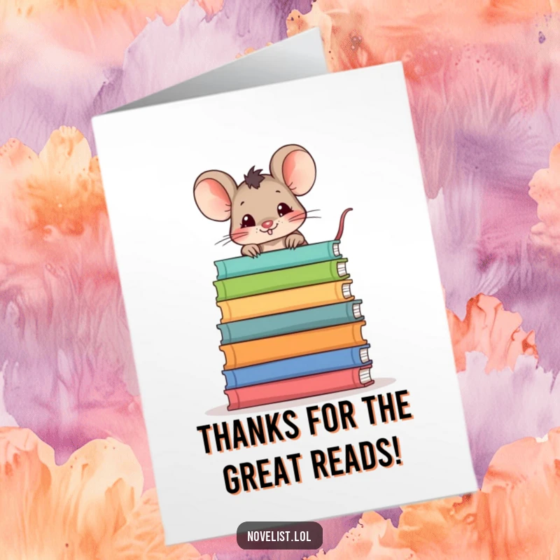 Funny Free Printable Thank You Card: Mischievous mouse peeking from behind a tall stack of books, offering thanks.