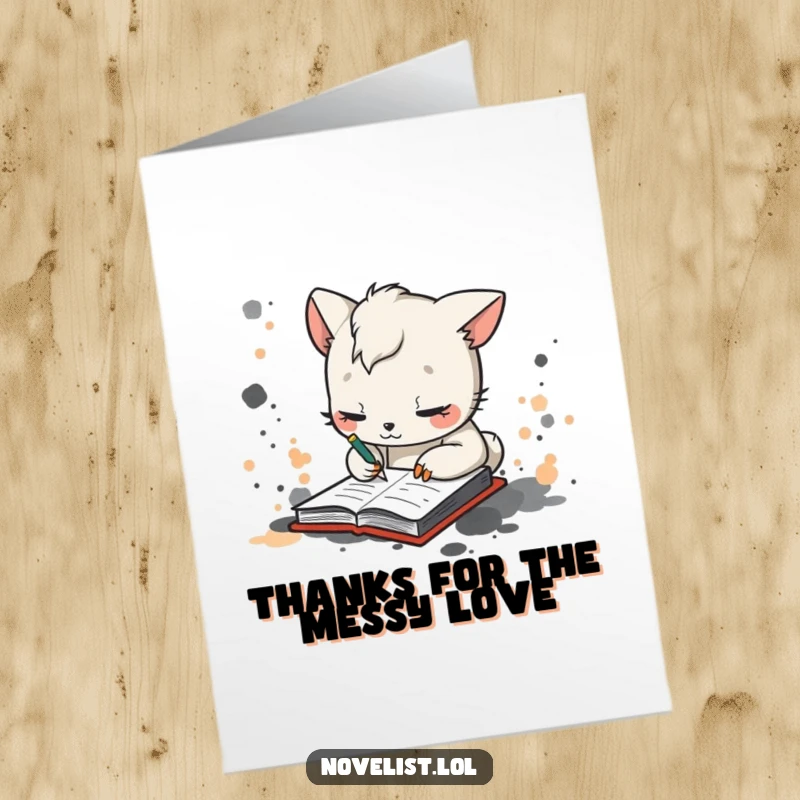 Funny Free Printable Thank You Card: Whimsical animal scribbling intensely in a notebook, surrounded by ink splotches.