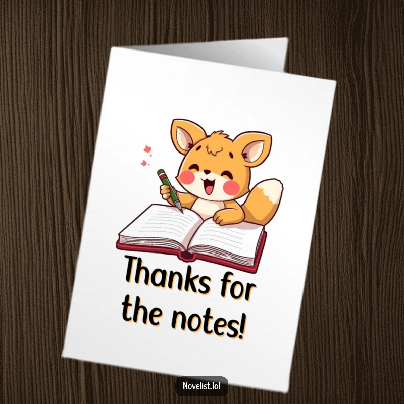 Funny Free Printable Thank You Card: A happy animal is shown scribbling enthusiastically in a notebook, offering thanks for ideas.