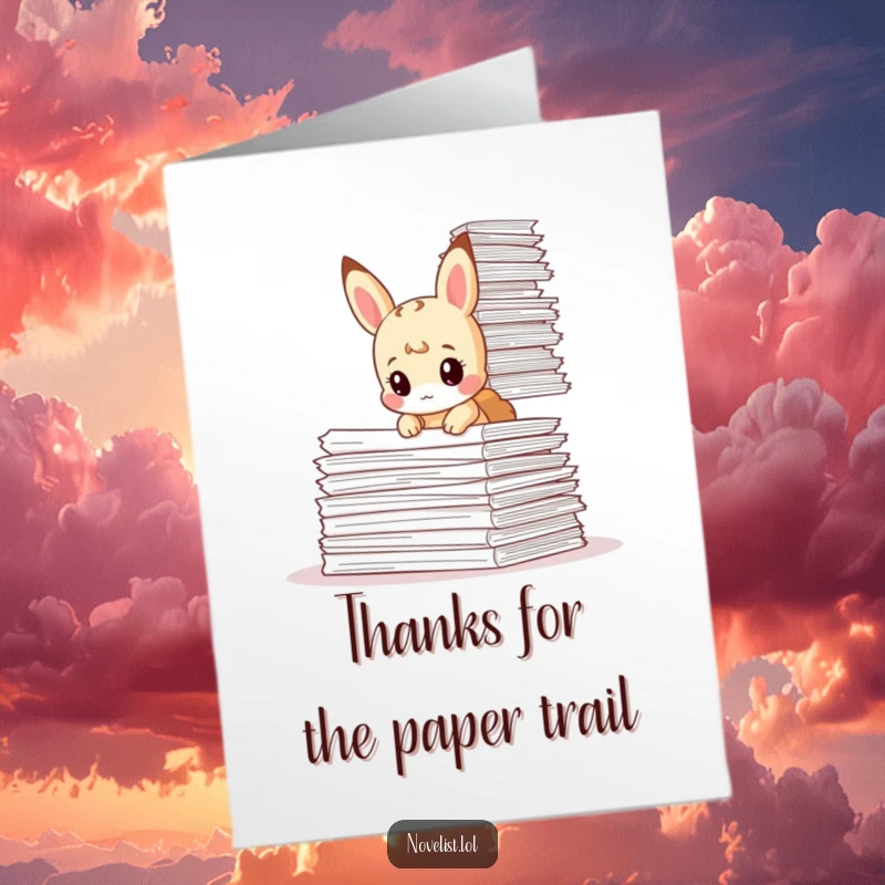 Funny Free Printable Thank You Card: Tiny animal poring over a huge stack of papers with a curious look.