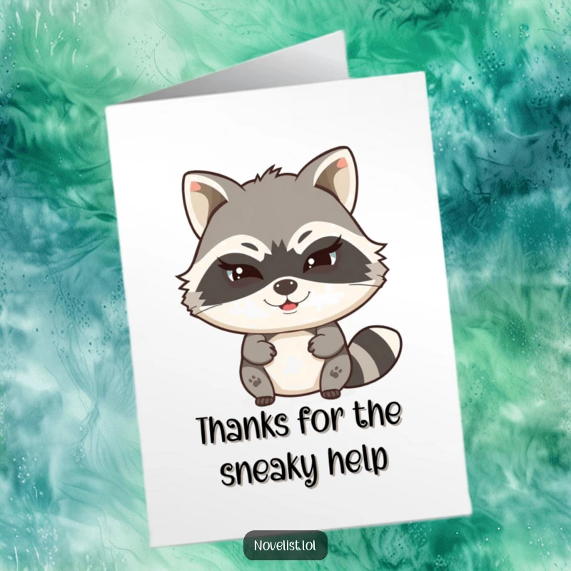 Funny Free Printable Thank You Card of a witty raccoon character typing a secret story with a mischievous wink to say thanks.