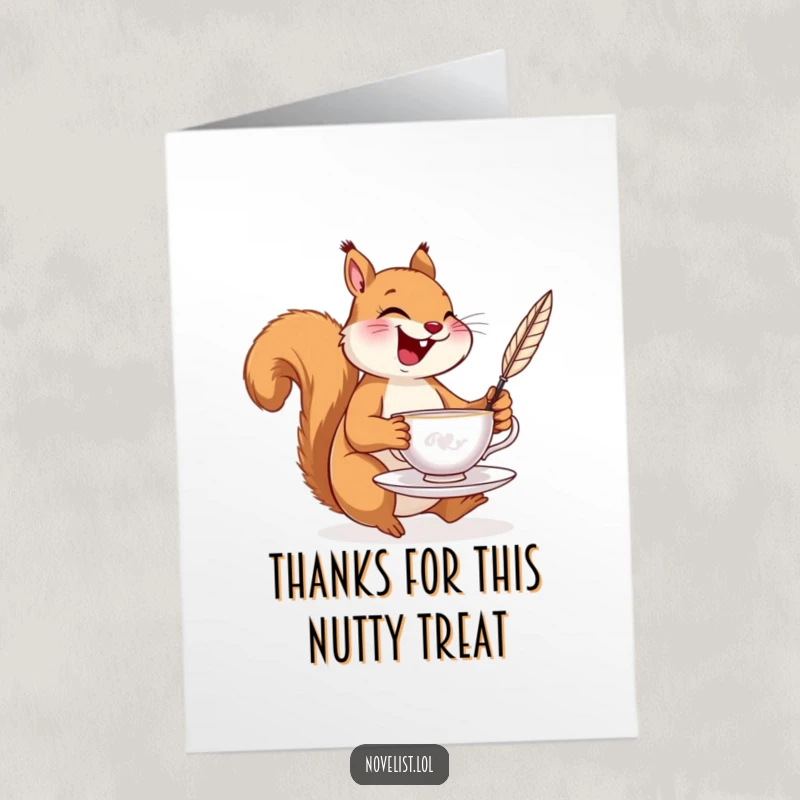 Funny Free Printable Thank You Card of a laughing squirrel balancing a teacup and a quill pen, conveying heartfelt thanks.