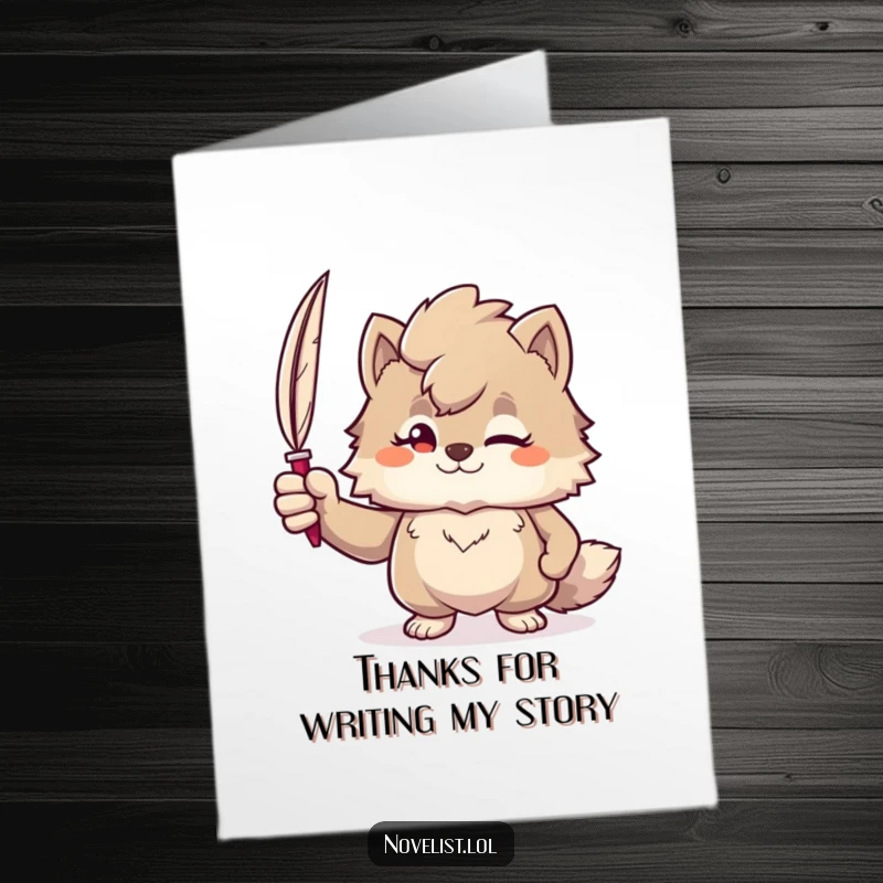 Funny Free Printable Thank You Card: Furry character with a confident smirk, holding a quill pen, expressing thanks with literary flair.