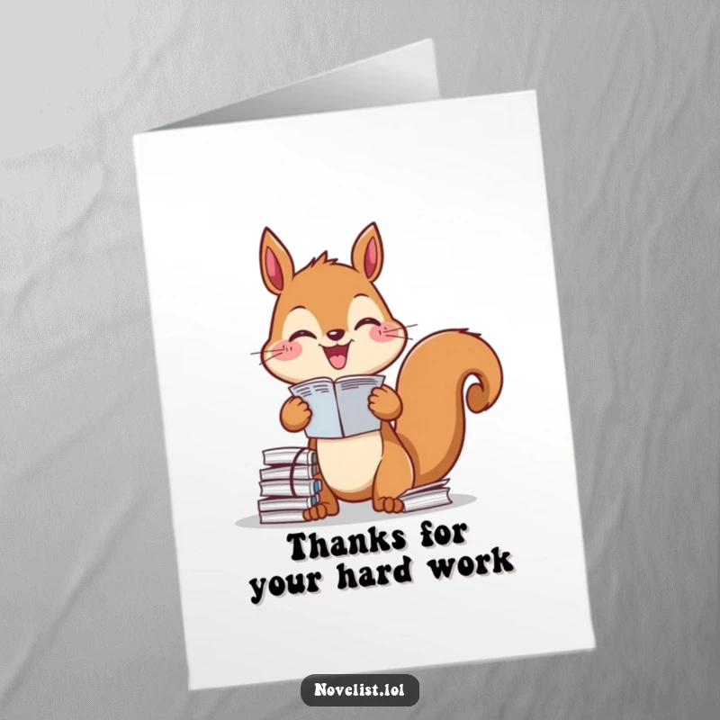 Funny free printable thank you card with a squirrel gleefully arranging stacks of papers in perfect, organized piles.
