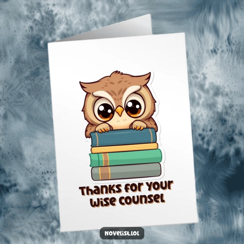 Funny free printable thank you card with a wise owl peeking from books, offering gratitude with wide, knowing eyes.