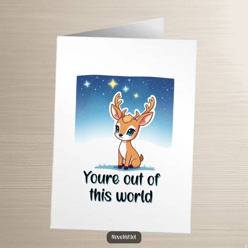 Funny free printable thank you card depicting a deer thoughtfully watching the stars, as inspiration strikes with a bright idea.