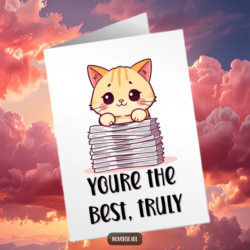 Free Printable Thank You Card: Pudgy cat’s eyes wide with surprise at a large stack of papers, a funny thank you.