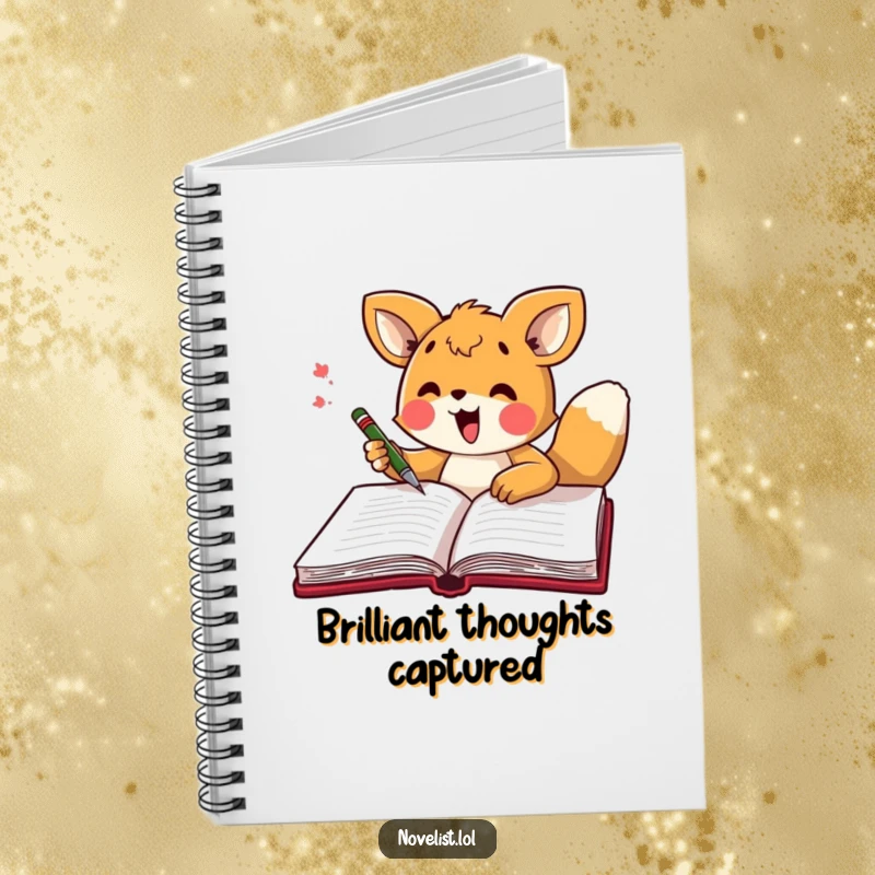 Funny notebook featuring an excited animal character scribbling energetically in a large open notebook, ideal for artistic exploration.