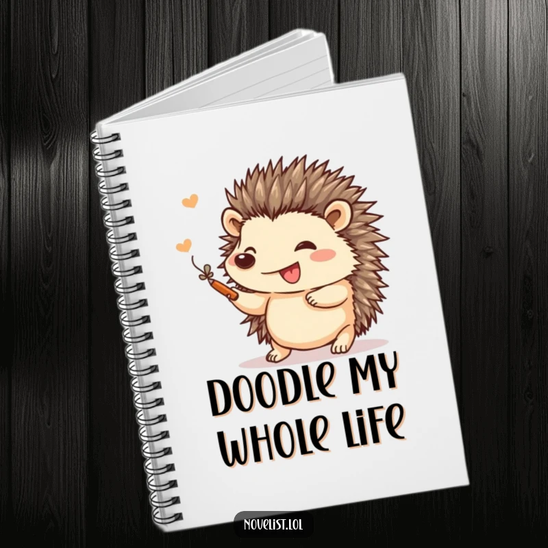 Funny sketchbook with a small hedgehog gleefully adding a flourish to a drawing, perfect for artists and doodlers.