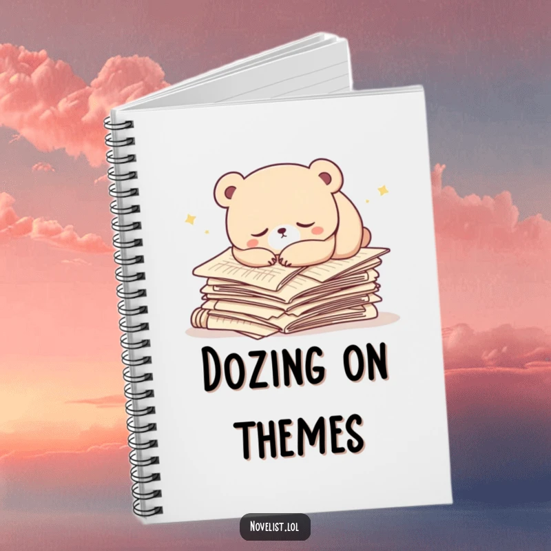 Funny notebook with a sleepy bear character resting on manuscript papers. A creative and humorous tool for writers.