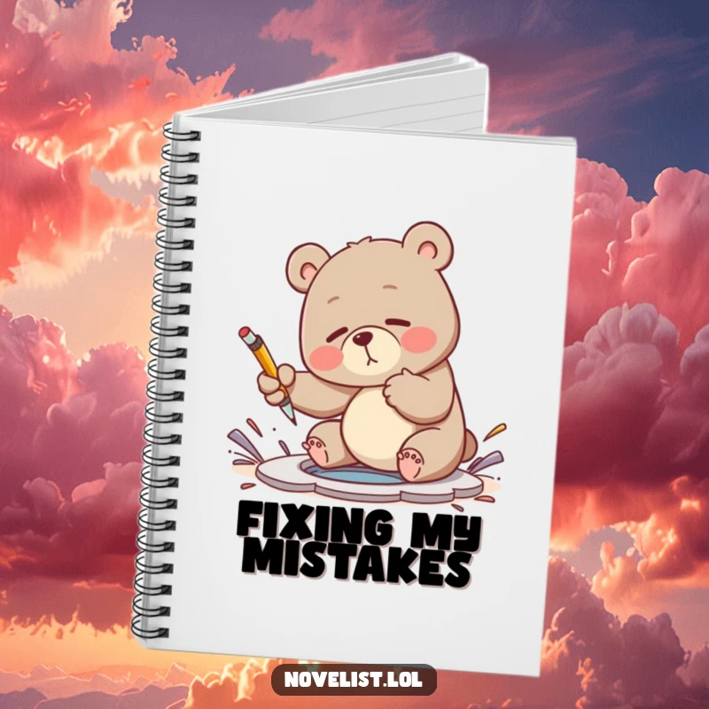 Funny notebook cover featuring a clumsy bear trying to fix a plot hole with a pen, inspiring creative problem-solving.