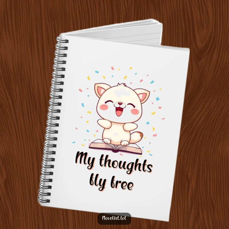 Funny notebook cover featuring a whimsical animal scattering book pages like confetti, perfect for capturing ideas with a humorous touch.